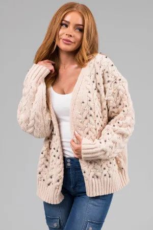 Cream Pearl Embellished Chunky Knit Cardigan