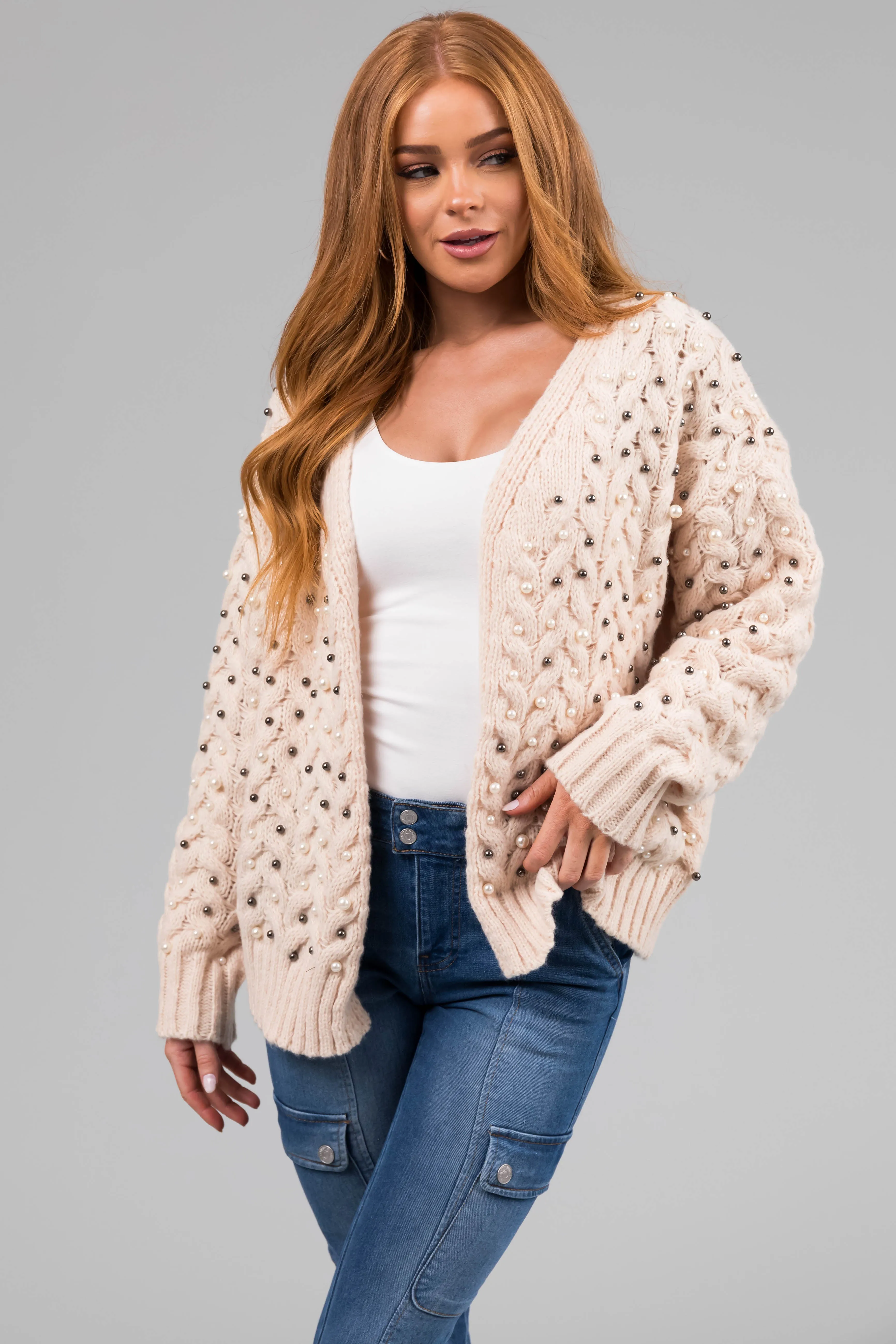 Cream Pearl Embellished Chunky Knit Cardigan