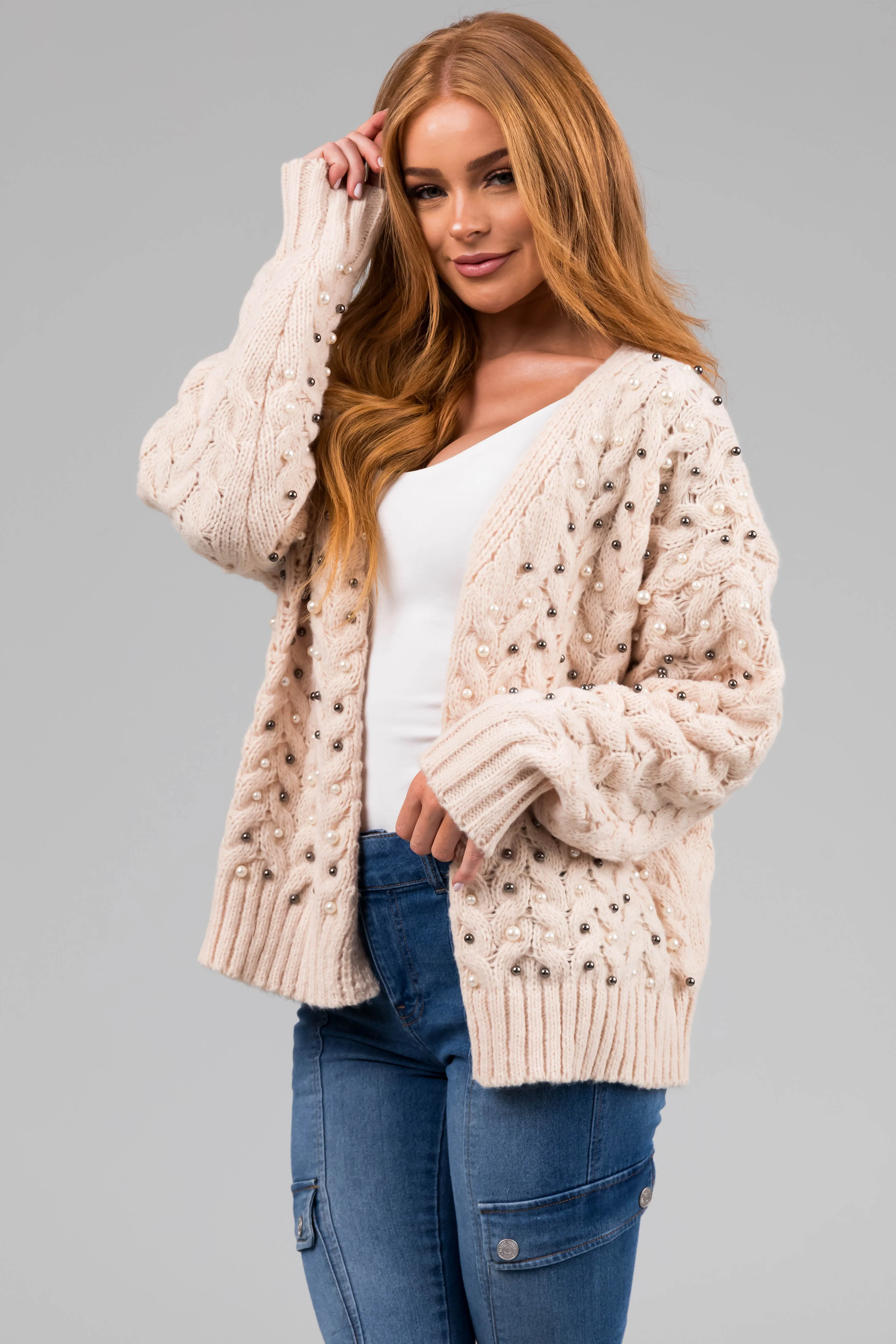 Cream Pearl Embellished Chunky Knit Cardigan