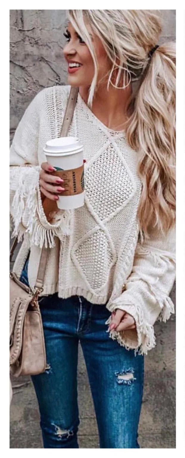 Cream Pria Fringe Sweater