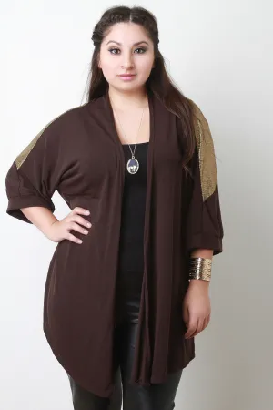 Crinkle Metallic Foil Trim Draped Open Front Cardigan