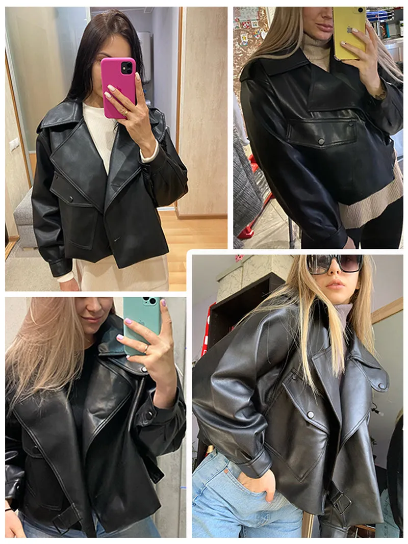 deanwangkt New Spring Women Faux Leather Jacket Biker Red White Coat Turndown Collar PU Motorcycle Jackets Loose Streetwear Outerwear