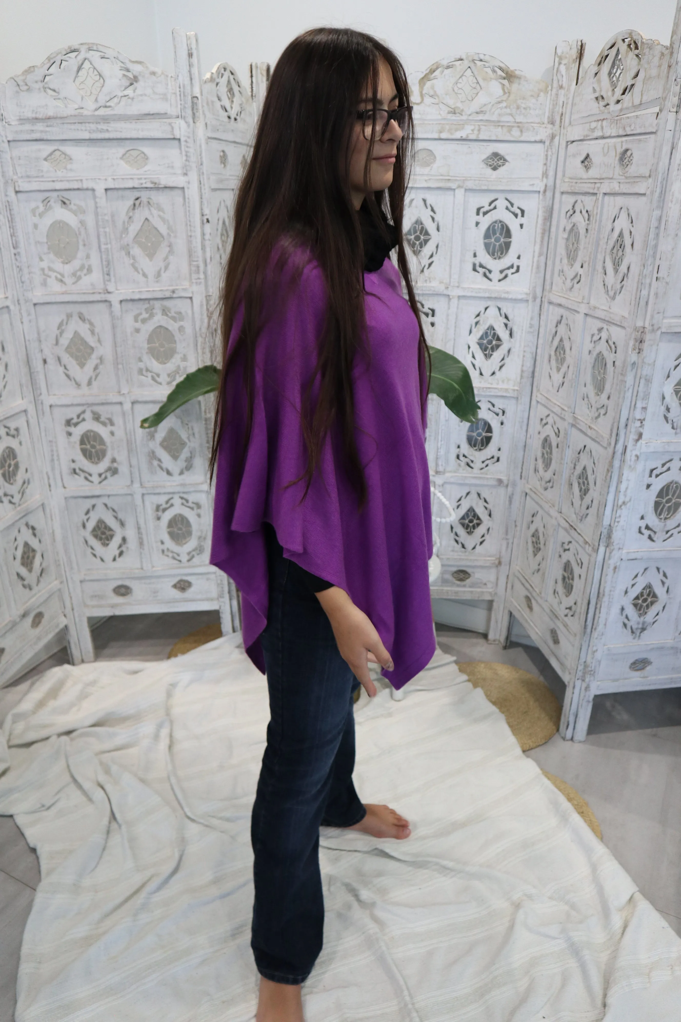 Fair Trade V Neck Cashmere Poncho - Purple