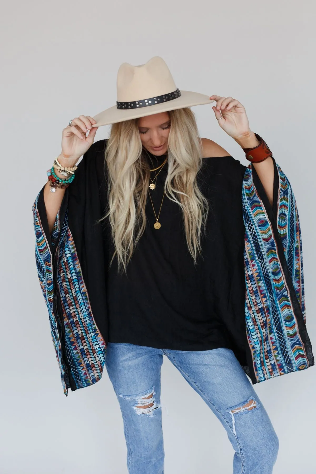 Fallon Embroidered Sleeve Poncho - Black