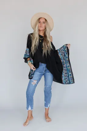 Fallon Embroidered Sleeve Poncho - Black