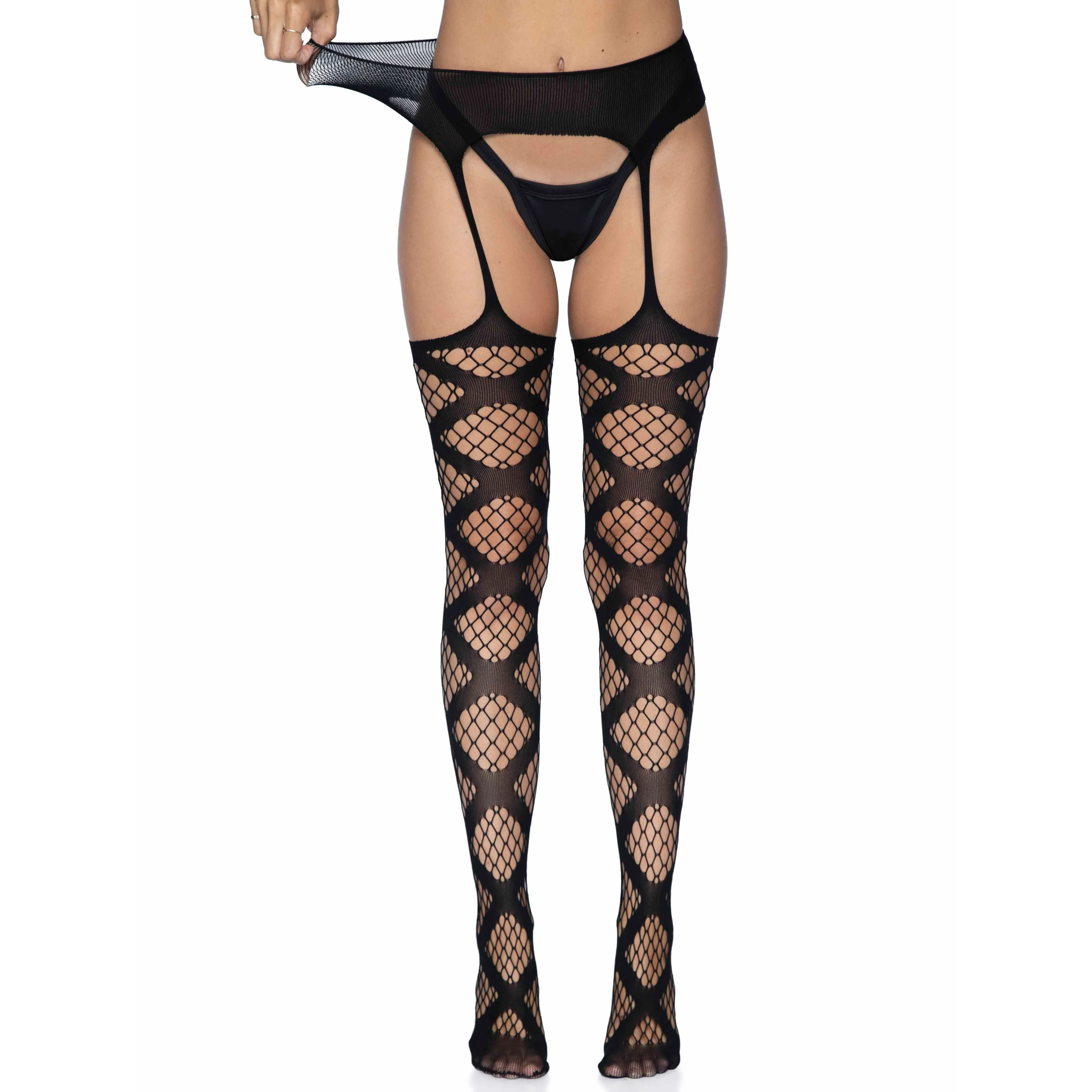 Faux Wrap Industrial Net Garter Belt Stockings -  Stockings -One Size - Black