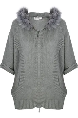 FELICIA Grey Fur Hooded Cardigan