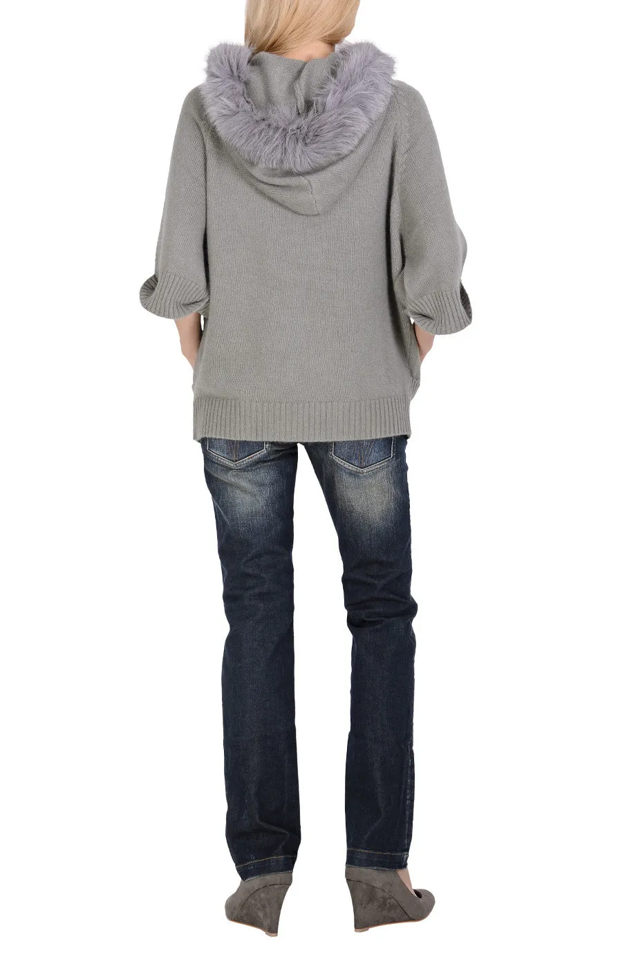 FELICIA Grey Fur Hooded Cardigan