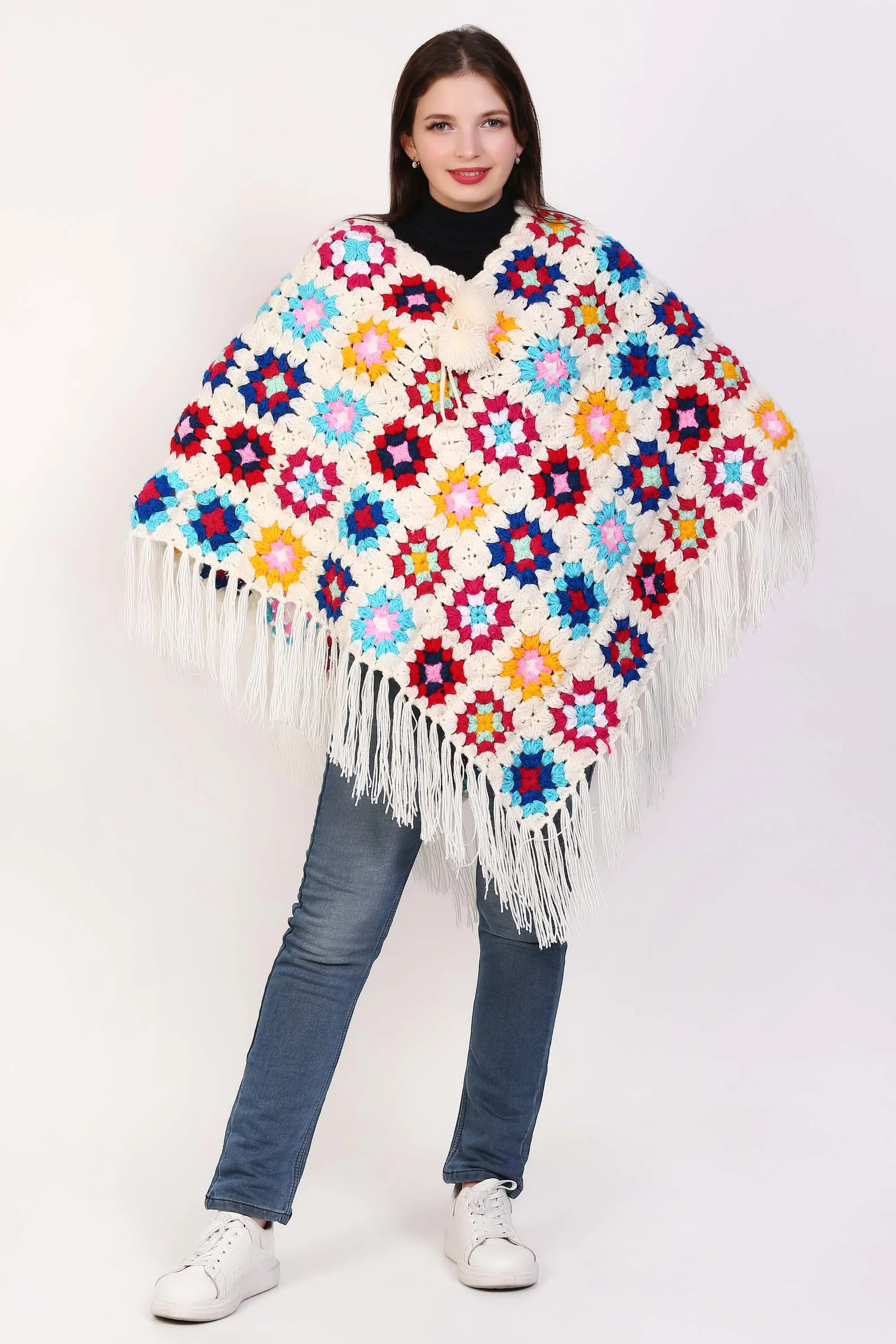 Flower Fringed Poncho Sweater Red & Cream