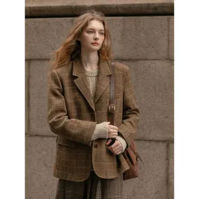 Flytonn-Fall Outfits Women Outwear Streetwear  fall outfits women Maillard Retro Brown Plaid Long-Sleeved Suit for Women 2024 Autumn and Winter New Loose Thick Coat