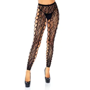 Footless Leopard Lace Crotchless Tights - Black