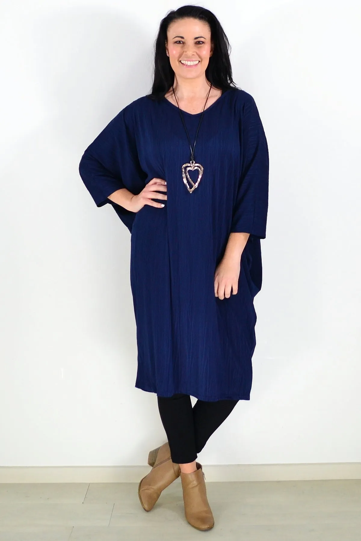 Free Size Navy Ribbed Oversized Tunic Dress