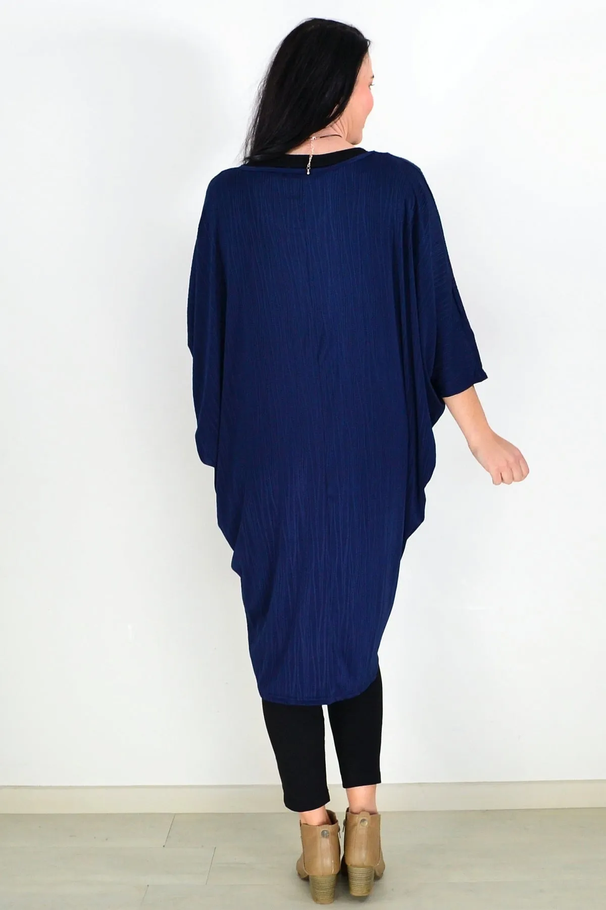 Free Size Navy Ribbed Oversized Tunic Dress