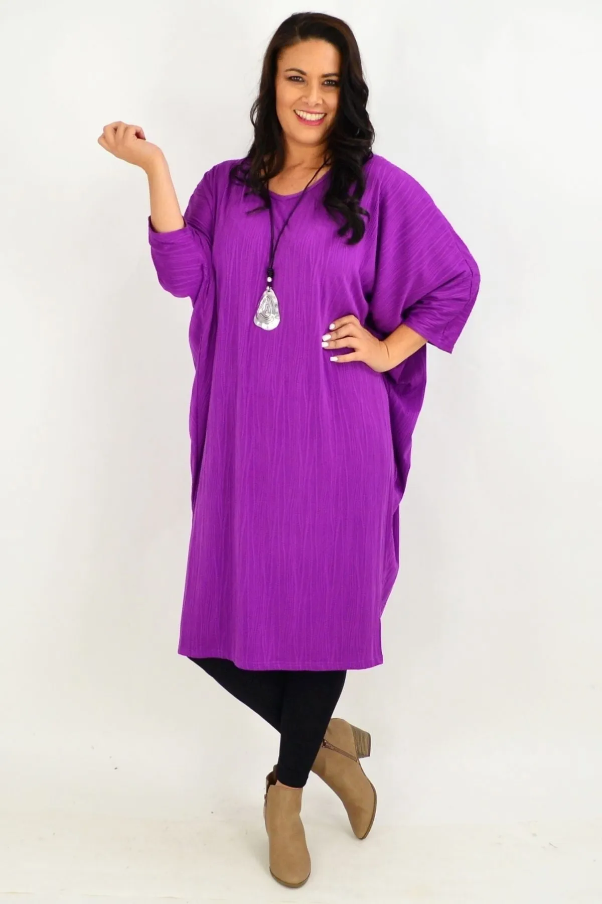 Free Size Purple Ribbed Oversized Tunic Dress