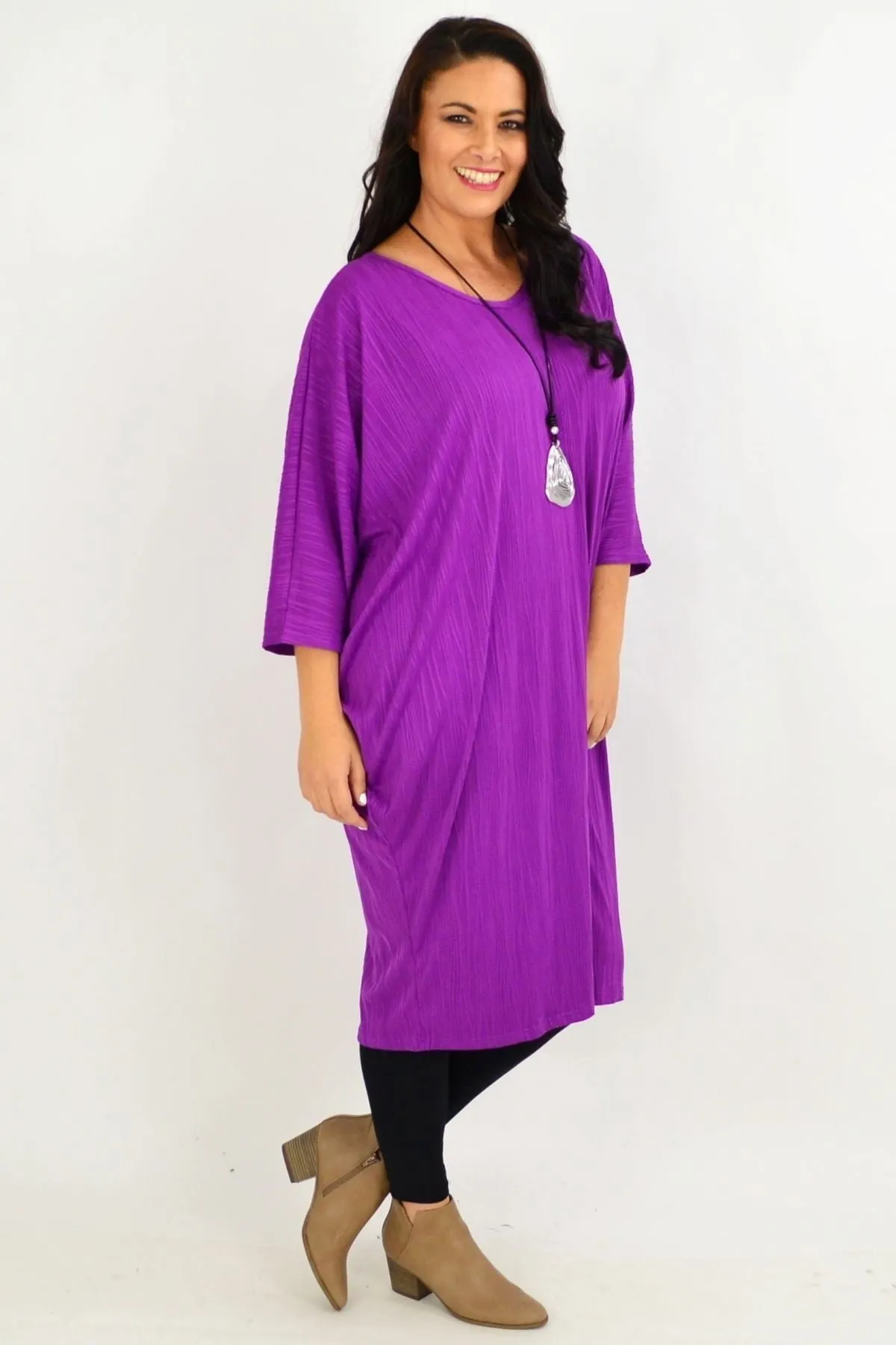 Free Size Purple Ribbed Oversized Tunic Dress