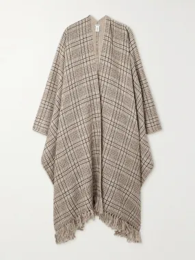 Fringed checked metallic cashmere blend poncho