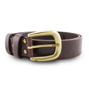 Full Grain Genuine Leather Belt - Milano Dark Brown Narrow Belt Solid Brass Horseshoe Buckle