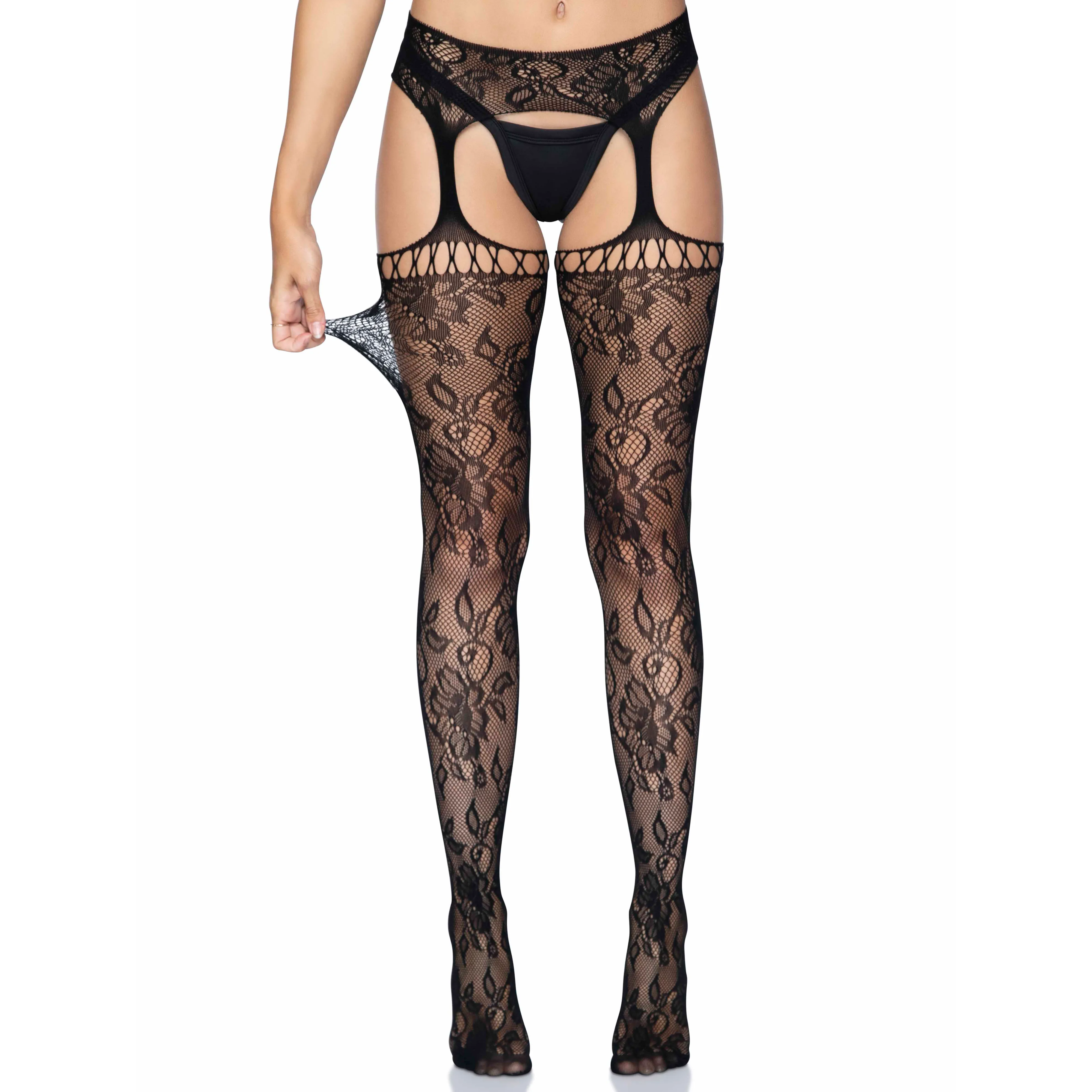 Gardenia Lace Garter Belt Stockings - One Size - Black