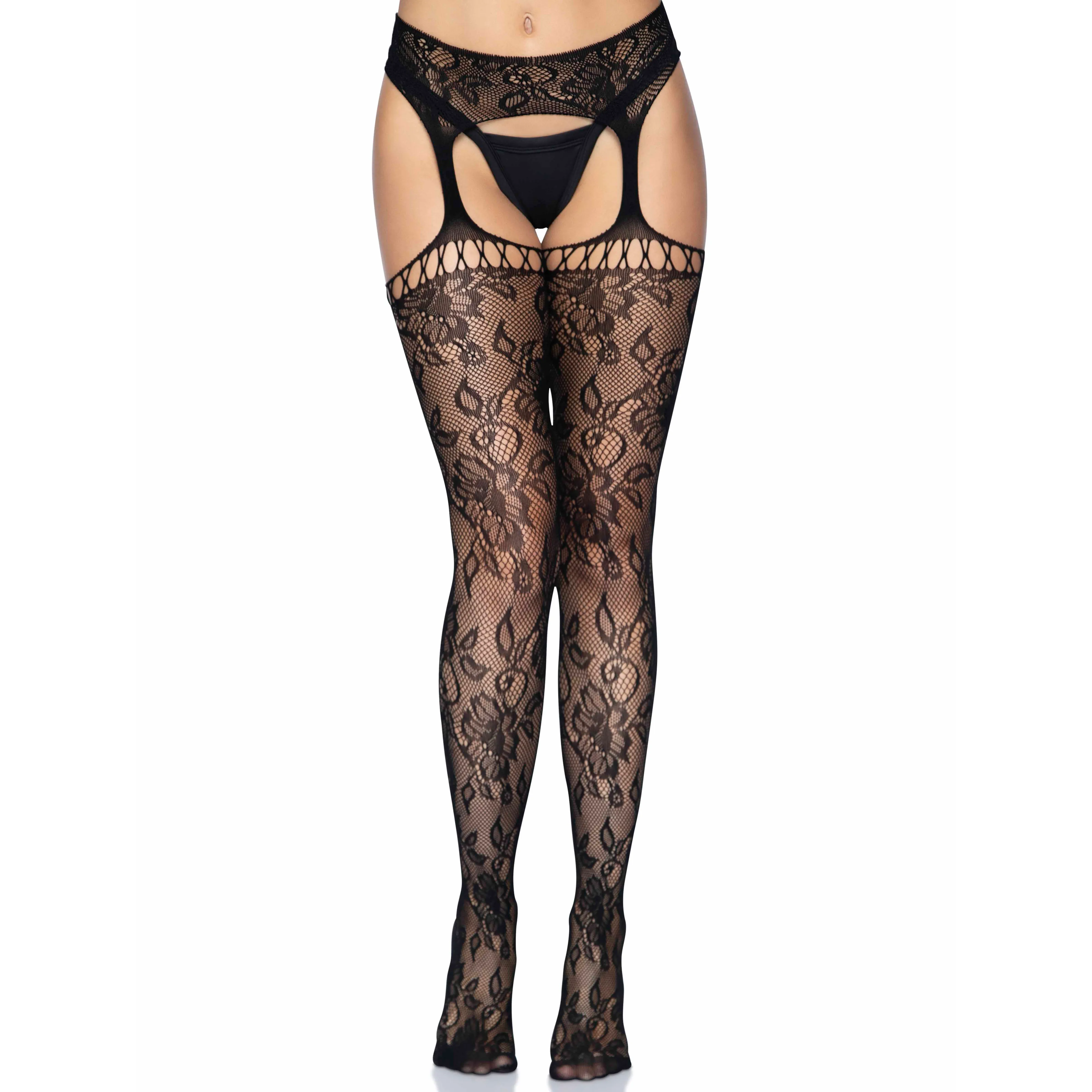 Gardenia Lace Garter Belt Stockings - One Size - Black