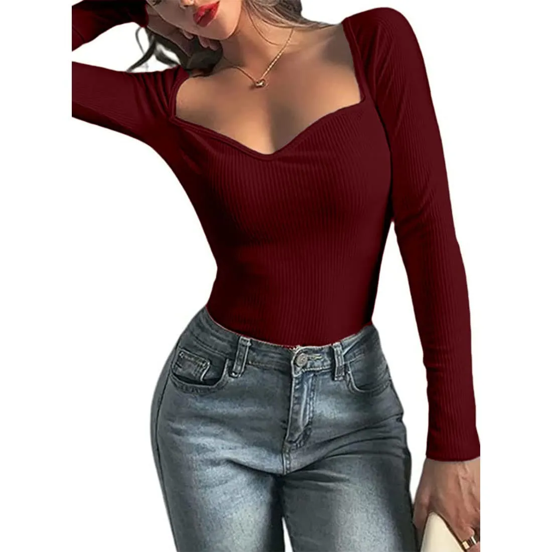 GLARE & BLAIR Sweetheart Neck Regular Fit Full Sleeve Casual Stylish Ribbed Tops for Women (Medium, Maroon)