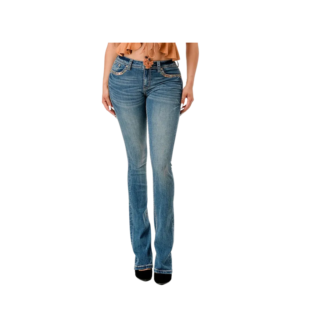 Grace In La Women's Horseshoe Hat Western Motif Easy Bootcut Medium Blue Jeans