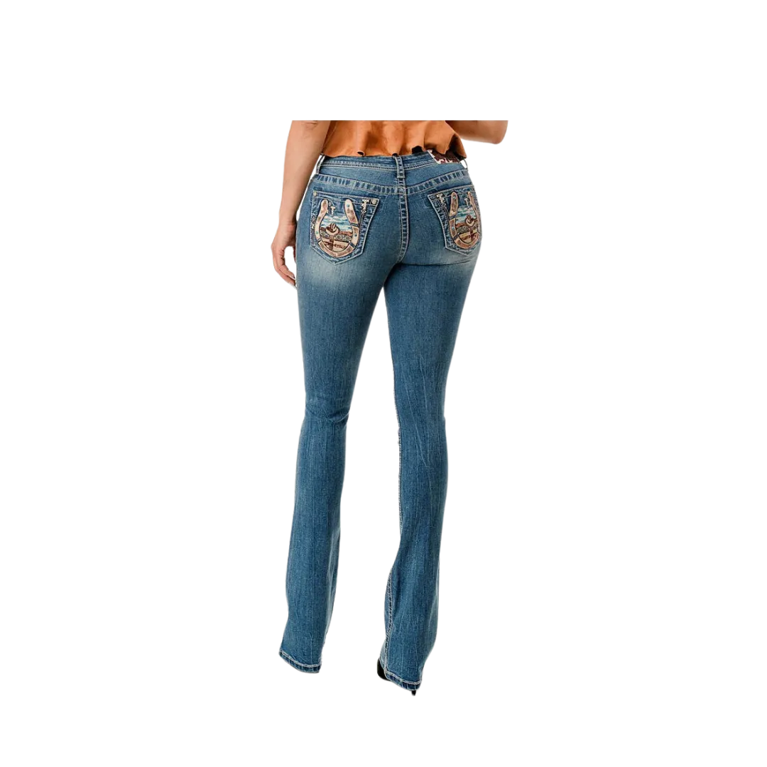 Grace In La Women's Horseshoe Hat Western Motif Easy Bootcut Medium Blue Jeans