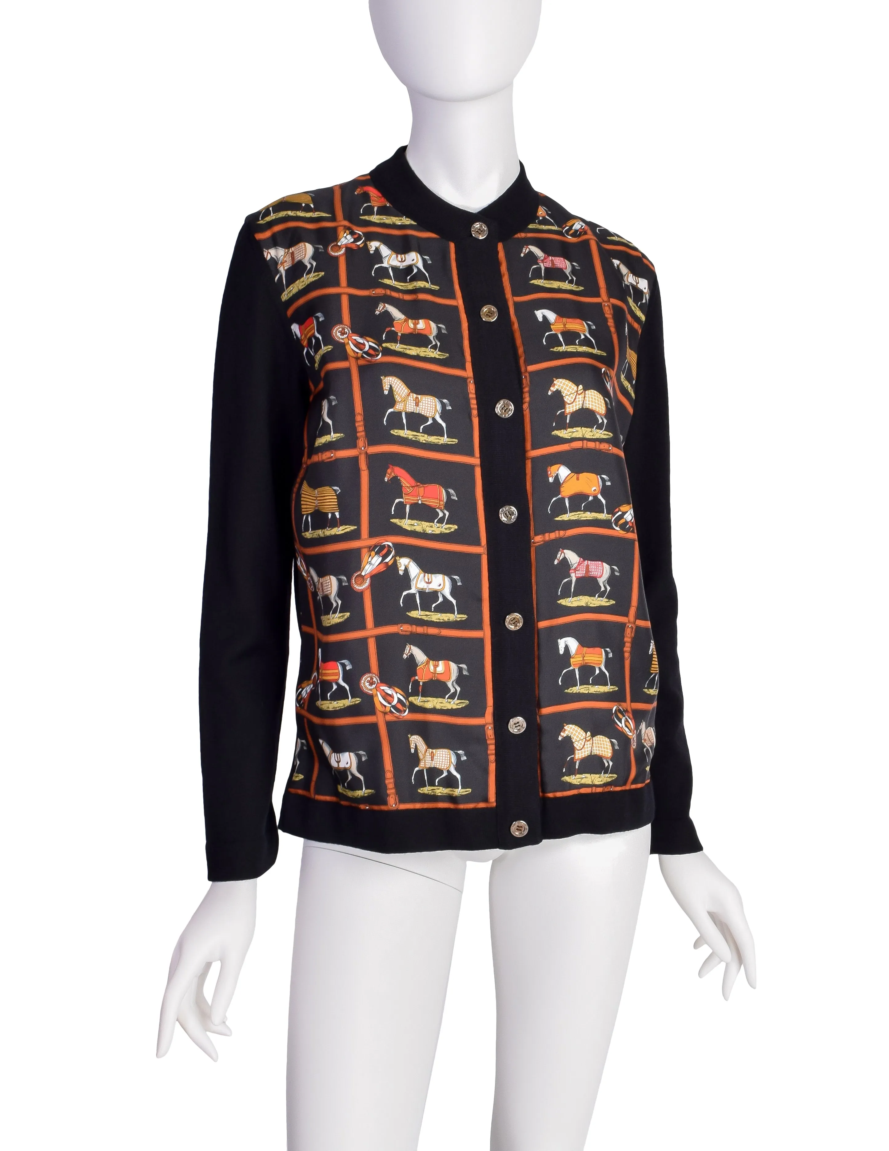 Hermes Vintage Petits Chevaux Horse Equestrian Theme Silk Wool Cardigan Sweater