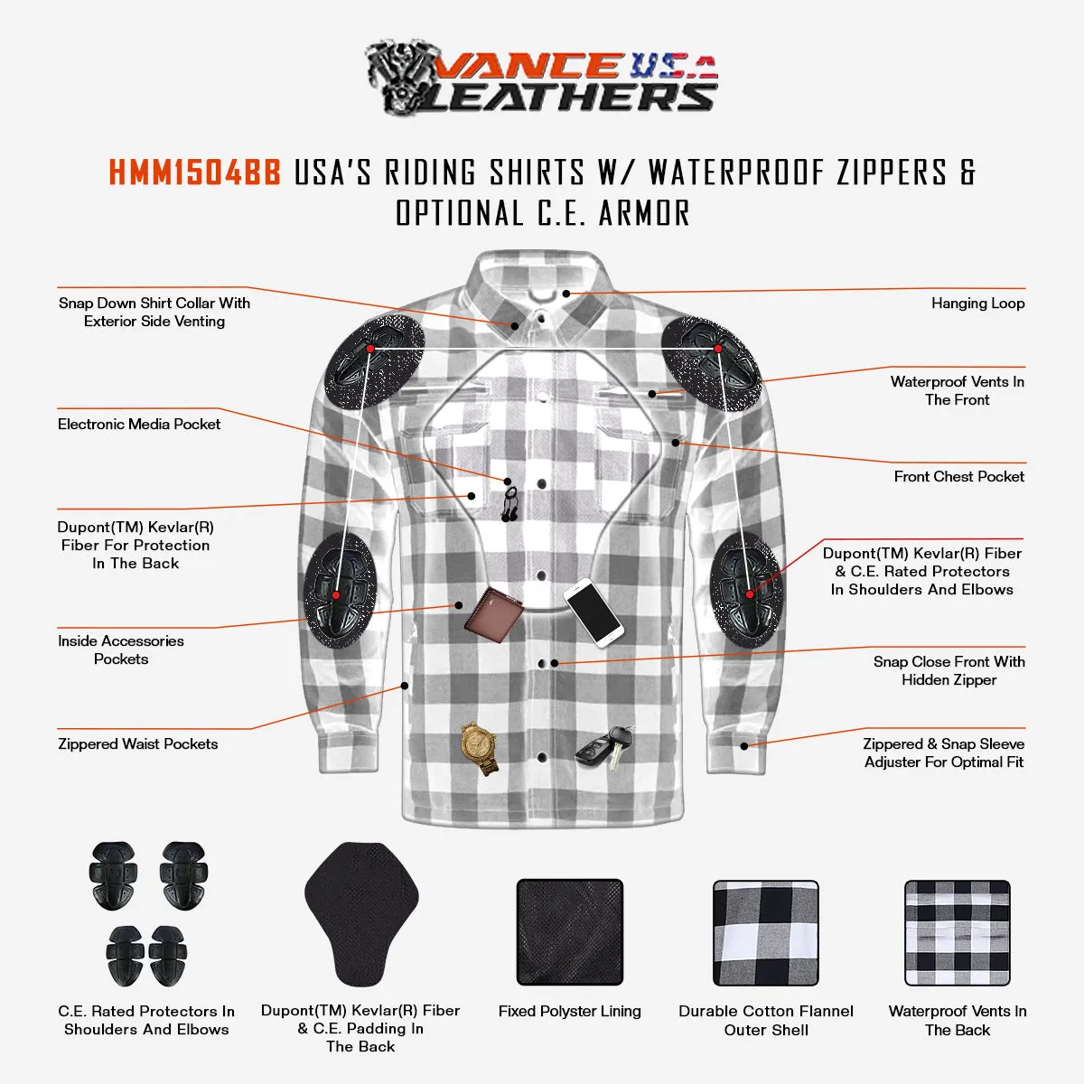 HMM1504OB Vance Leathers USA’s Riding Shirts with Waterproof Zippers & Optional C.E. Armor