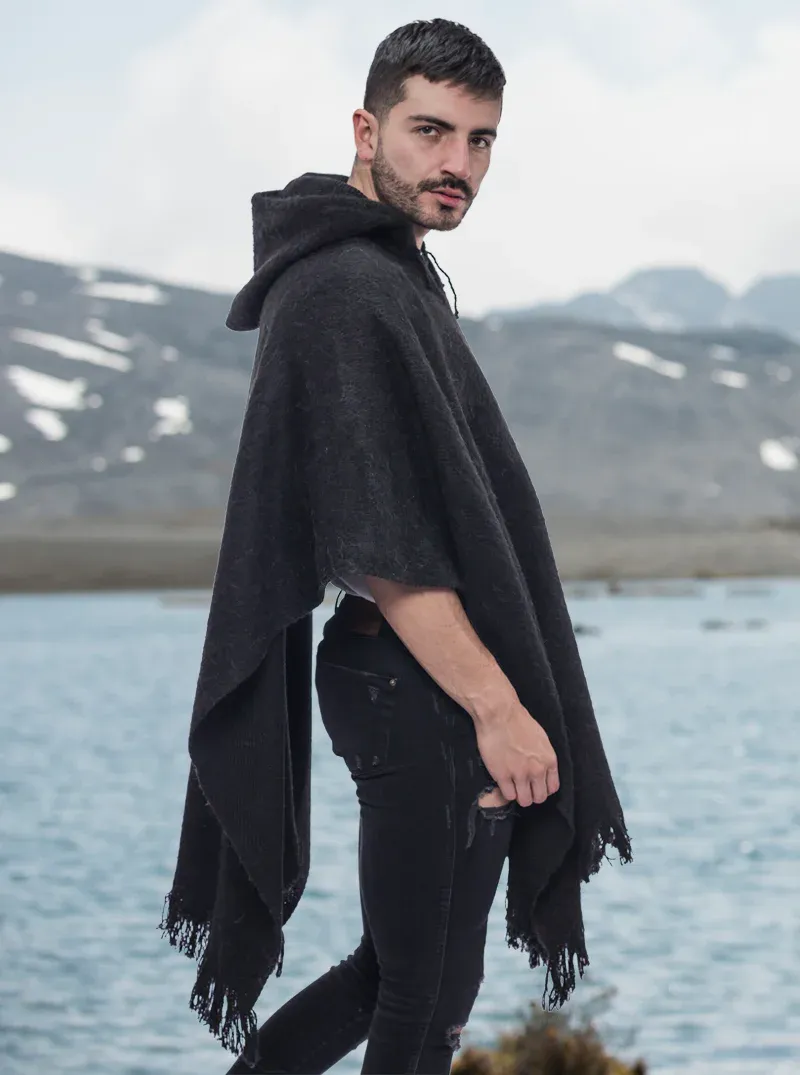 Hooded Black Poncho for Men