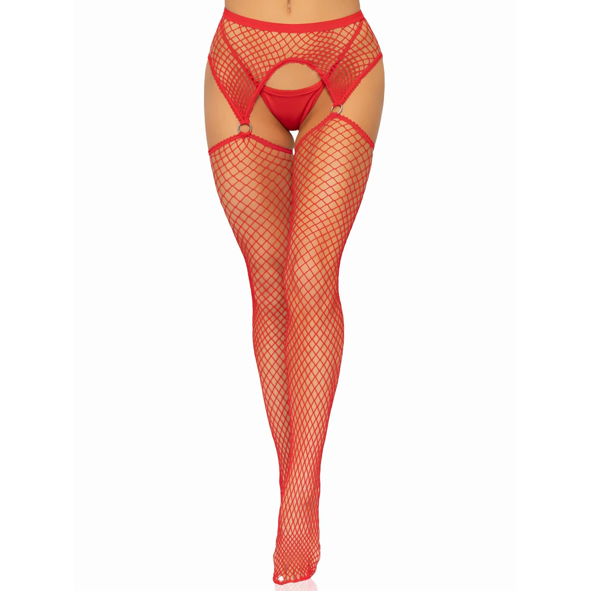 Industrial Net Stocking With O-Ring and Attached  Garter Belt - One Size - Red