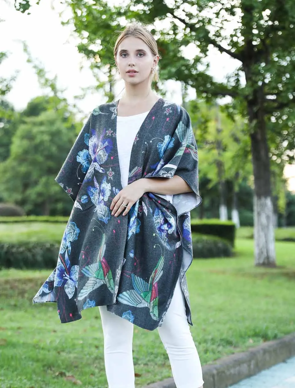 JC090316Cashmere Blend Charcoal-Multi Floral Ruana/Poncho