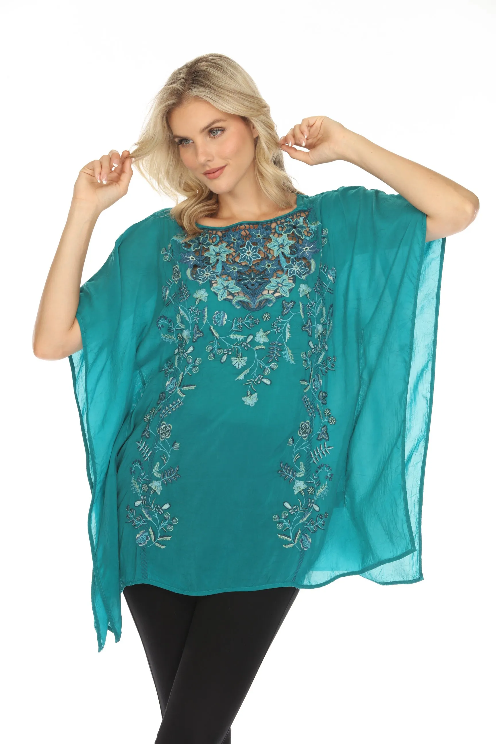 Johnny Was Green Rebecca Embroidered Poncho Top C21224 Boho Chic