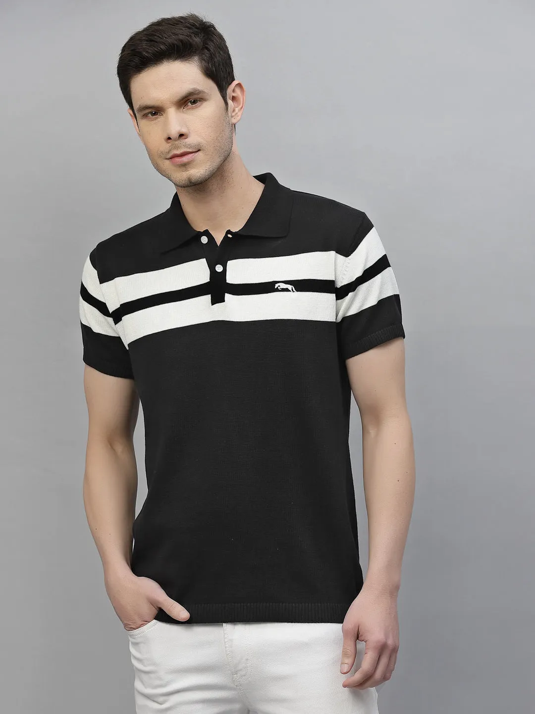 JUMP USA Men Black & White Polo Collar Pure Cotton T-Shirt