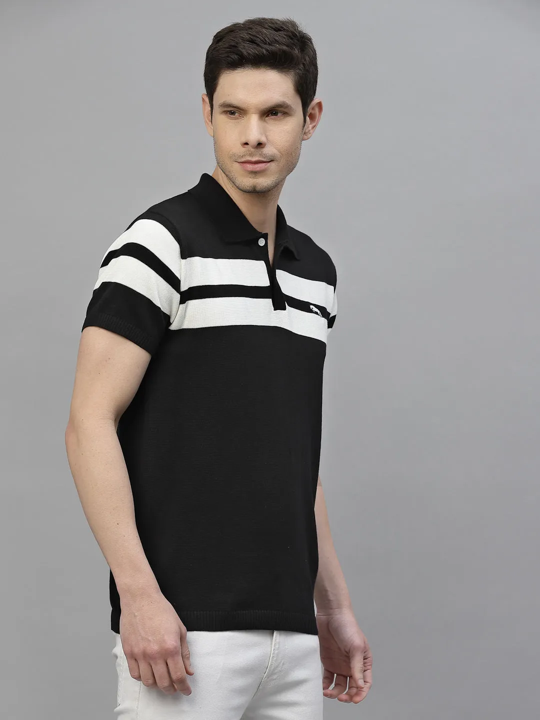 JUMP USA Men Black & White Polo Collar Pure Cotton T-Shirt