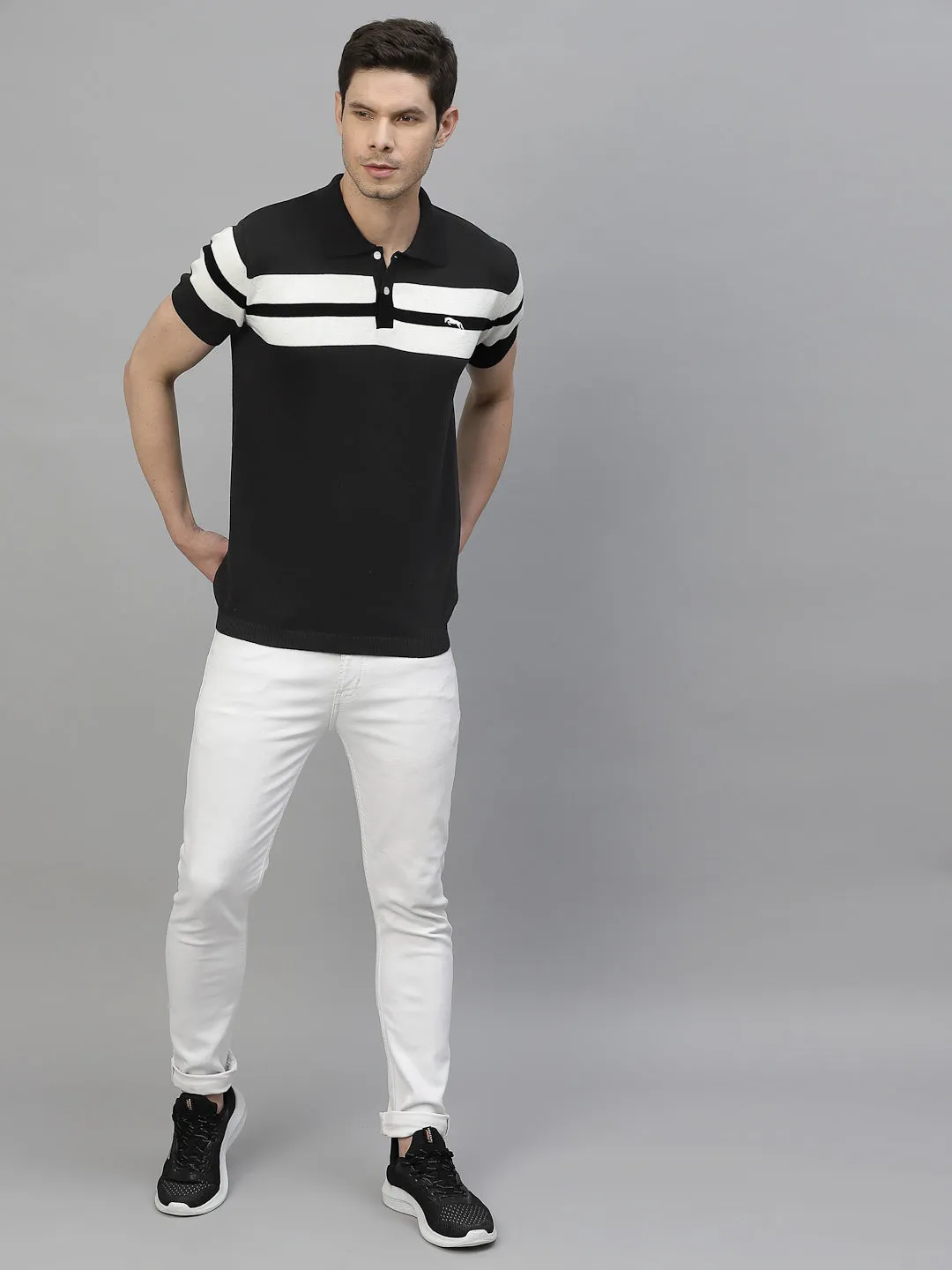 JUMP USA Men Black & White Polo Collar Pure Cotton T-Shirt