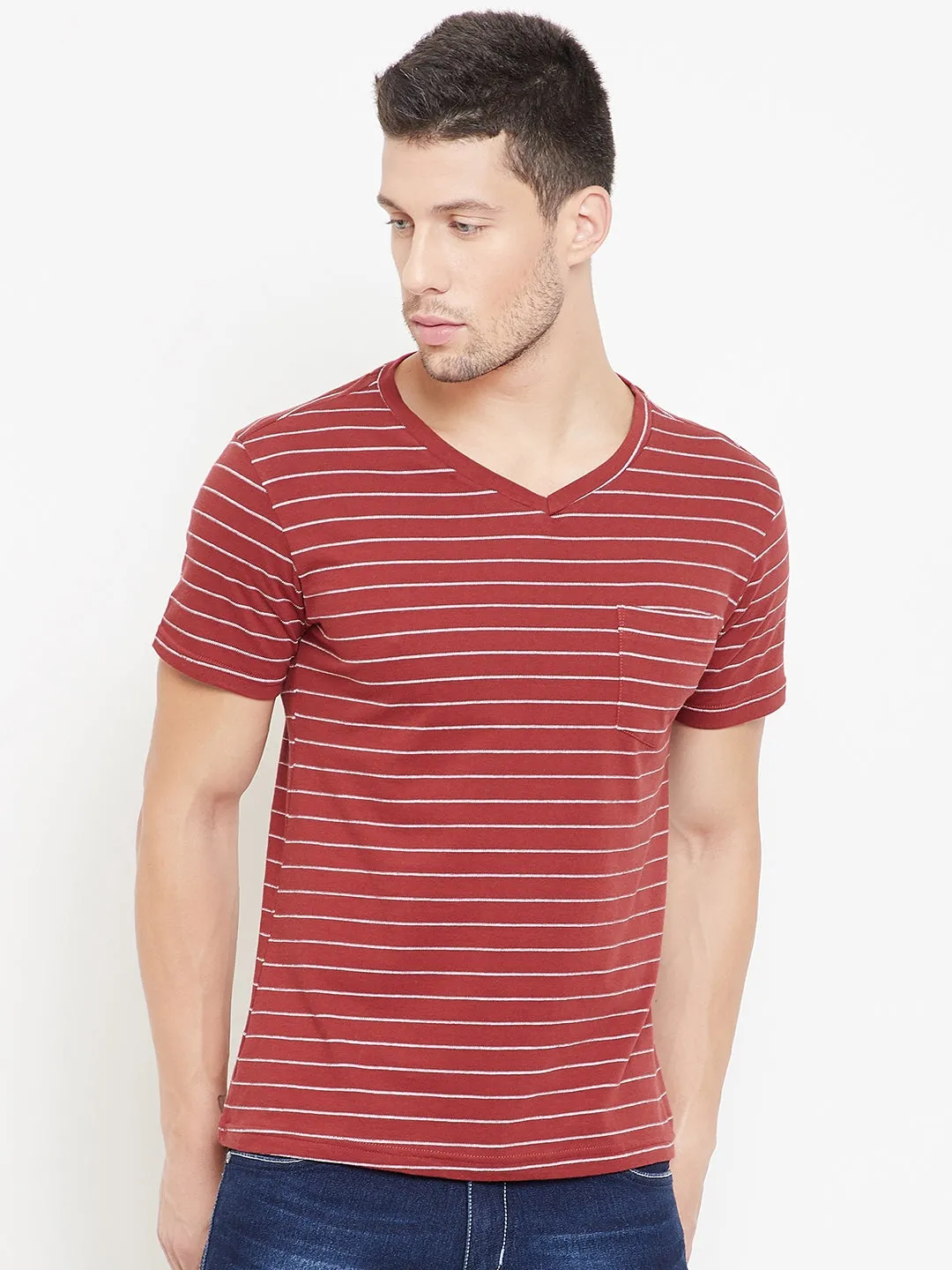 JUMP USA Men Red Striped V-neck T-shirt