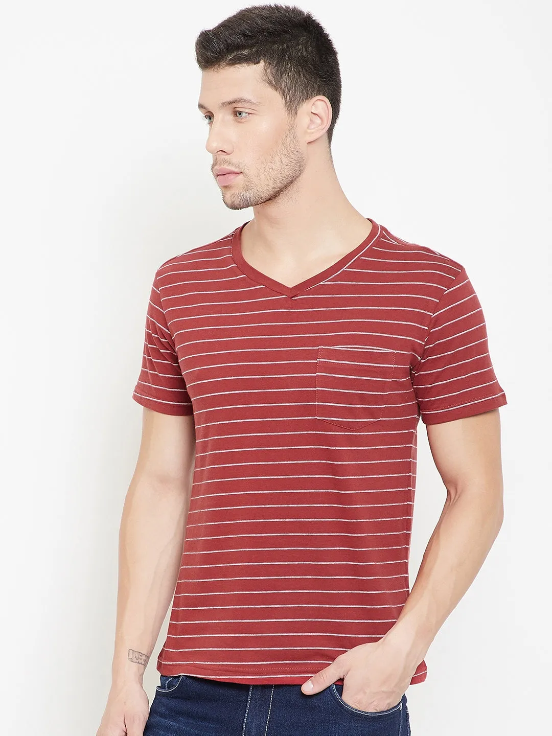 JUMP USA Men Red Striped V-neck T-shirt