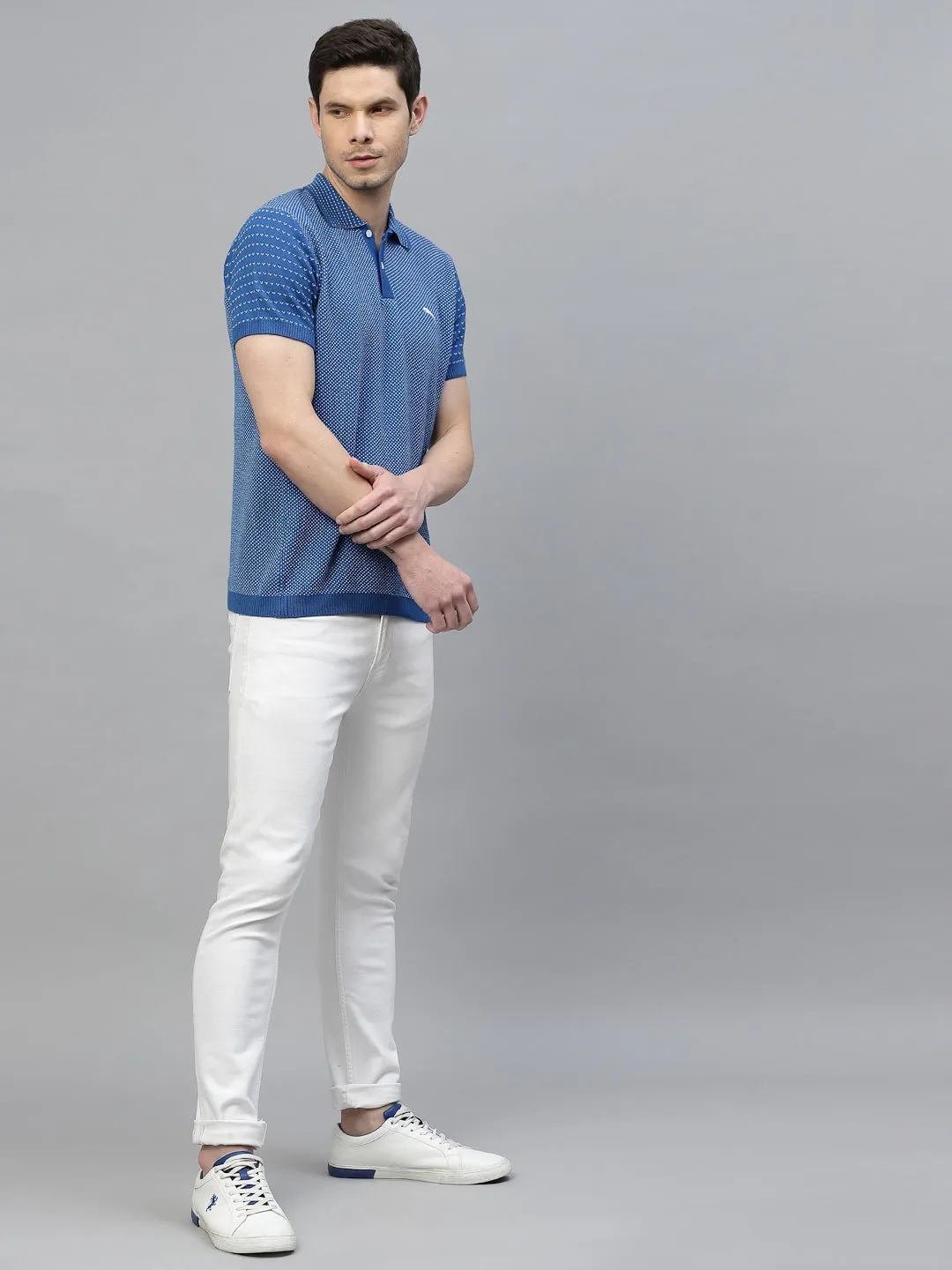 JUMP USA Men Royal Blue & White Polo Collar Pure Cotton T-Shirt