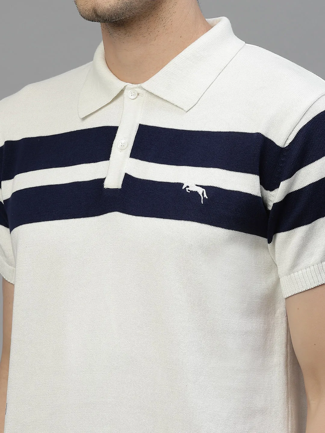 JUMP USA Men White & Navy Blue Polo Collar Pure Cotton T-Shirt