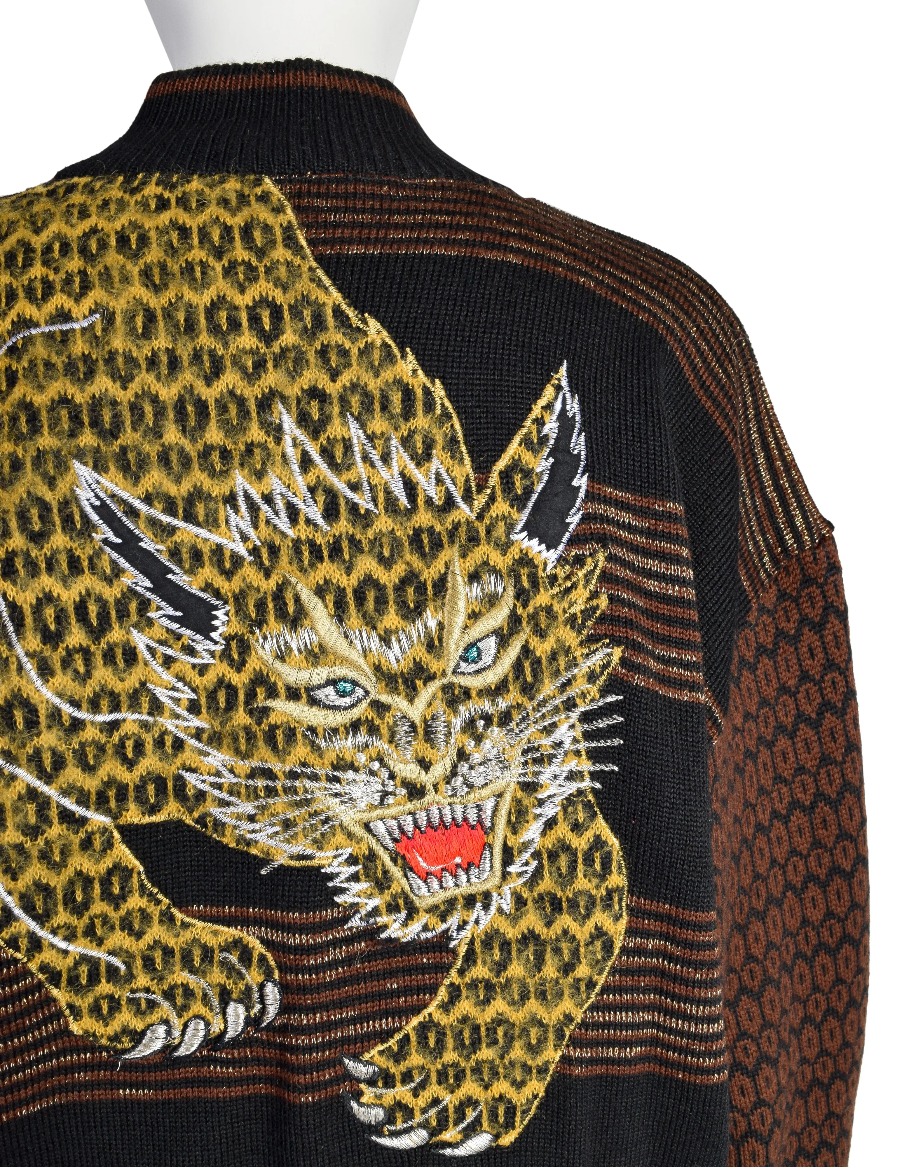 Kansai Yamamoto Vintage Iconic Embroidered Leopard Big Cat Brown Black Cardigan Sweater Jacket