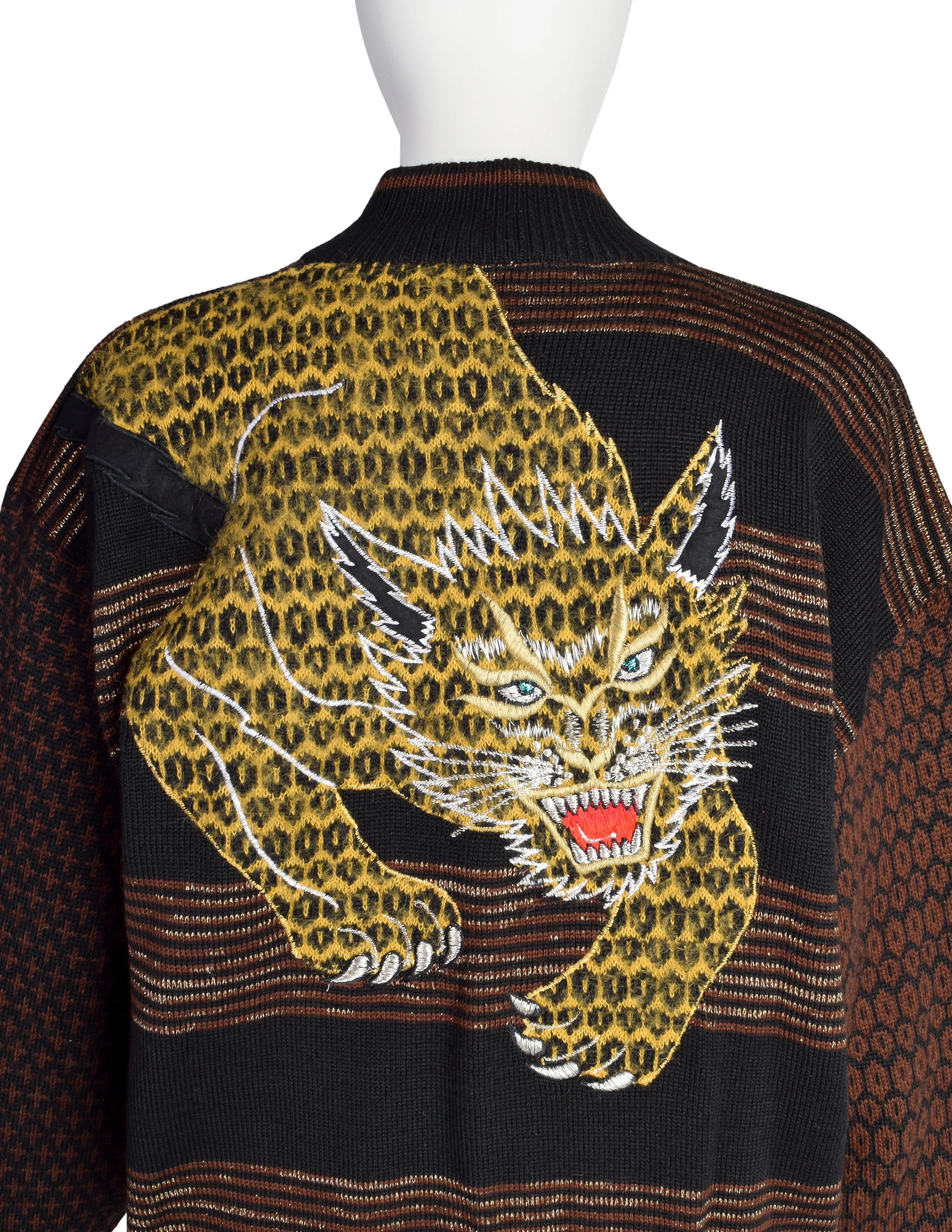 Kansai Yamamoto Vintage Iconic Embroidered Leopard Big Cat Brown Black Cardigan Sweater Jacket