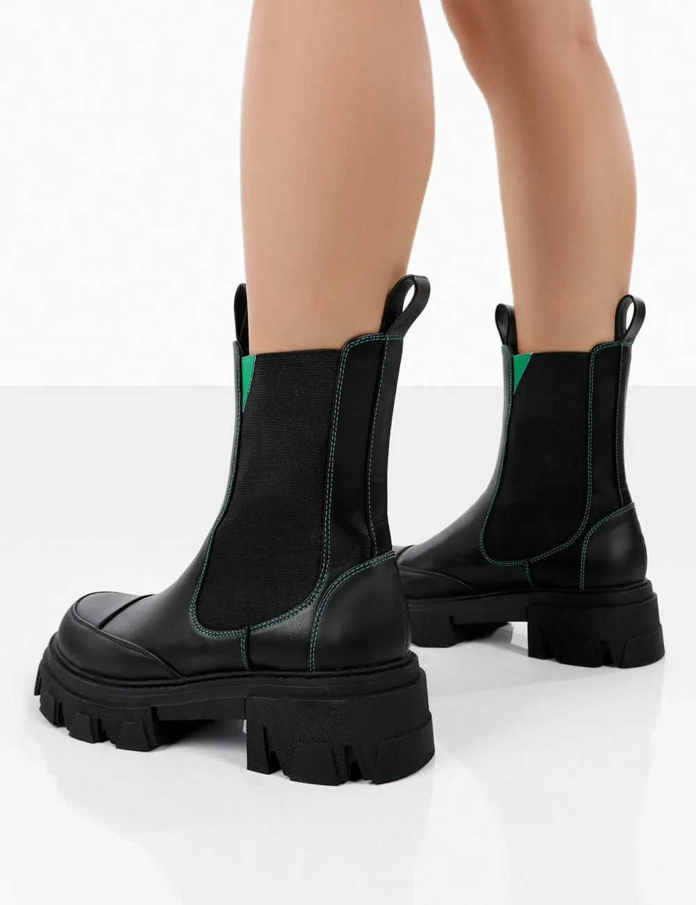 Kenza x Public Desire Fierce Black Chunky Sole Green Upper Chelsea Boots