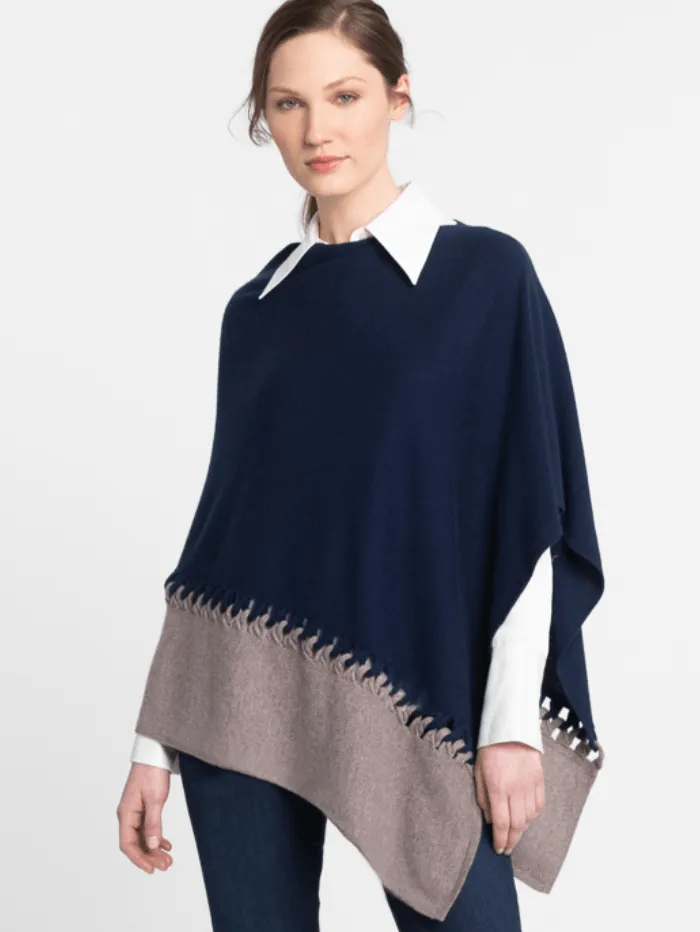 Kinross Cashmere Navy & Seal Twist Stitch Poncho LFAC1-C99