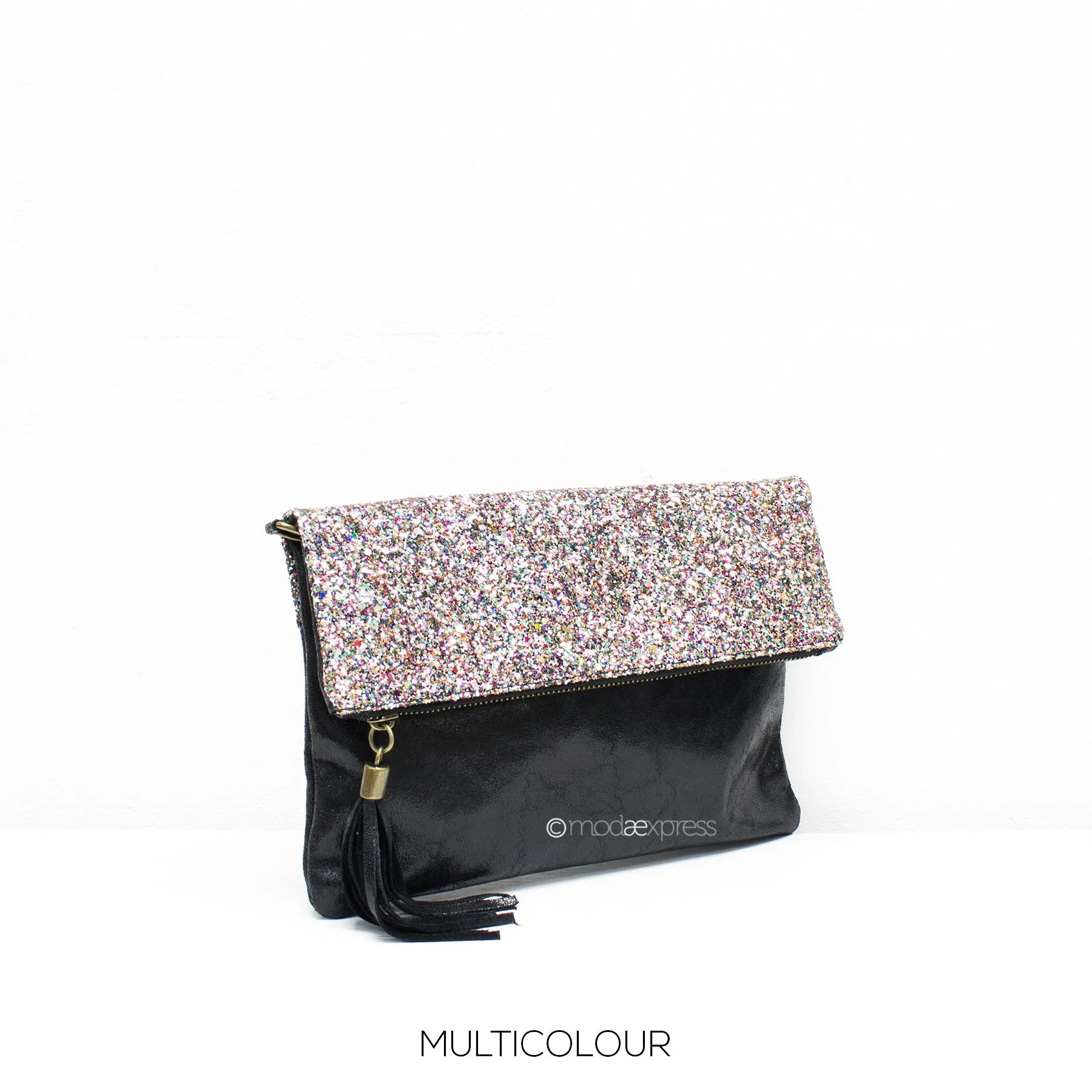 Leather Foldover Clutch With Detachable Strap - Glitter - LAST ONE