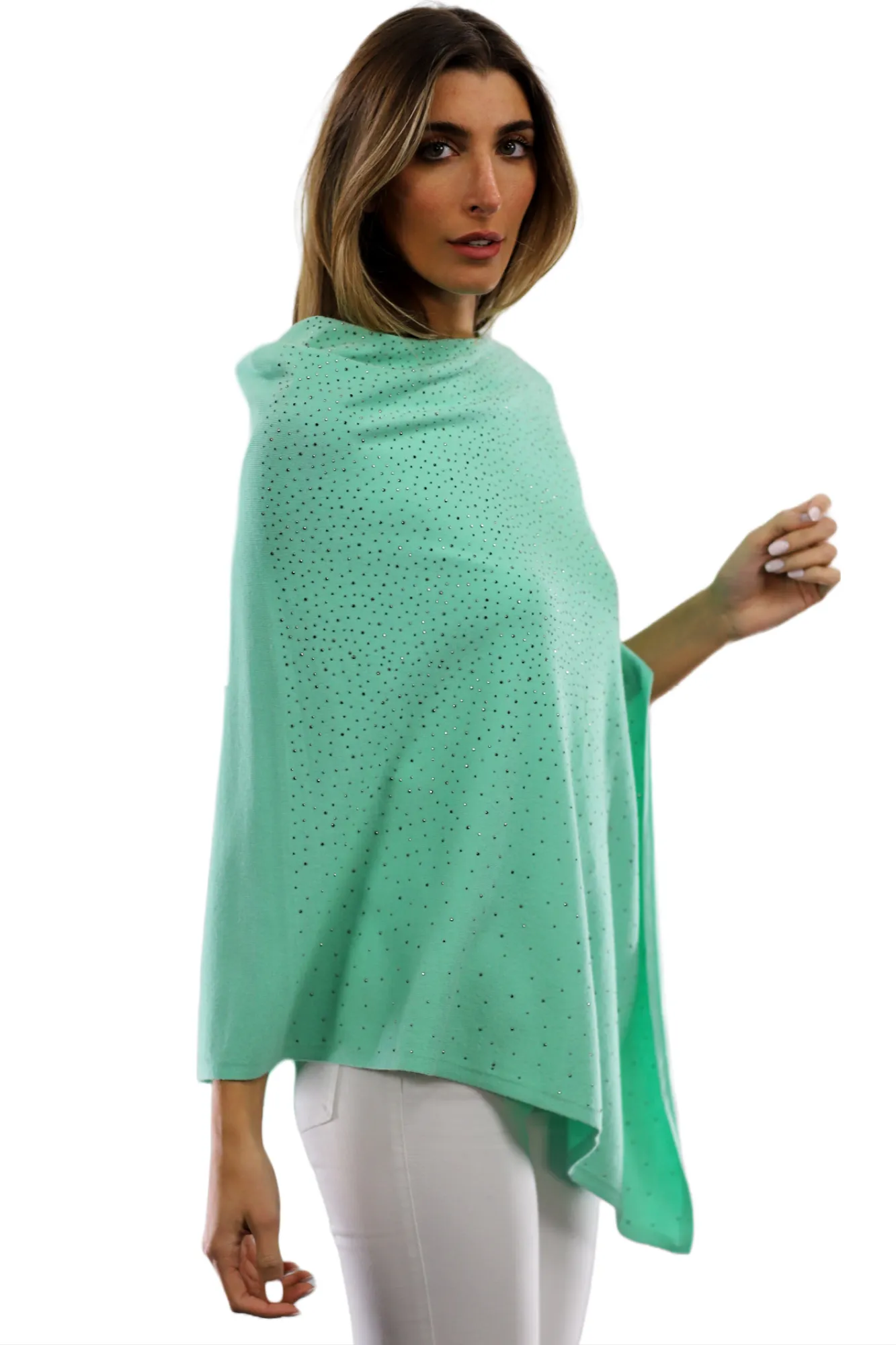 Light Weight Poncho with Embellishments - Green