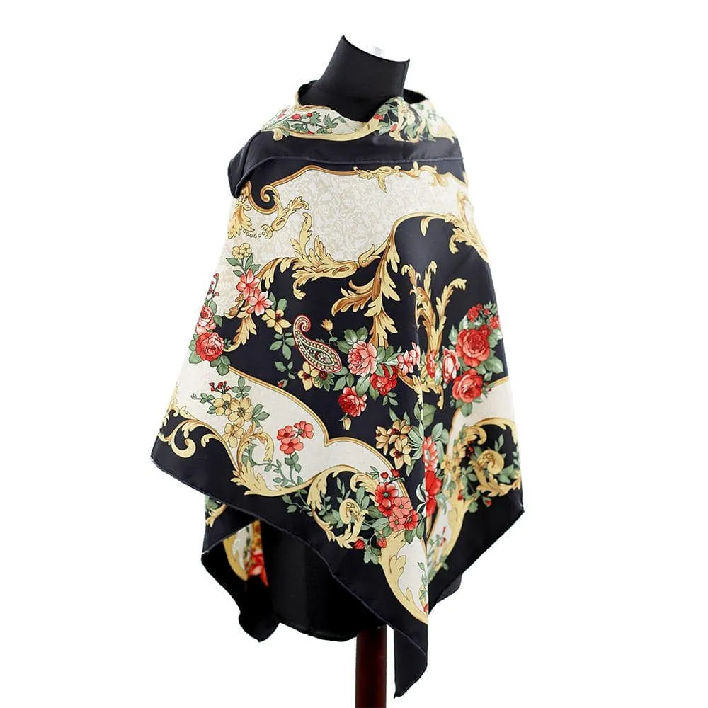 Lightweight Delicate Floral Print Poncho - Black