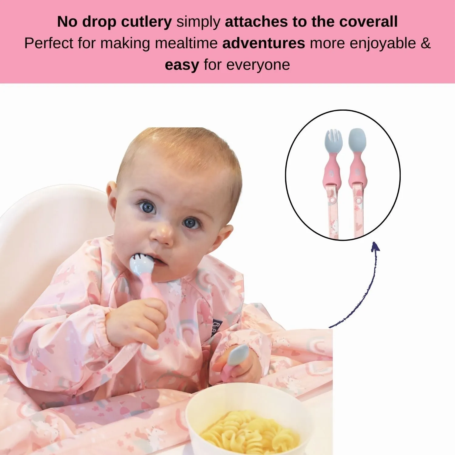 Long Sleeve Coverall & Attachable Handi Cutlery Bundle Over the Rainbow Light Pink