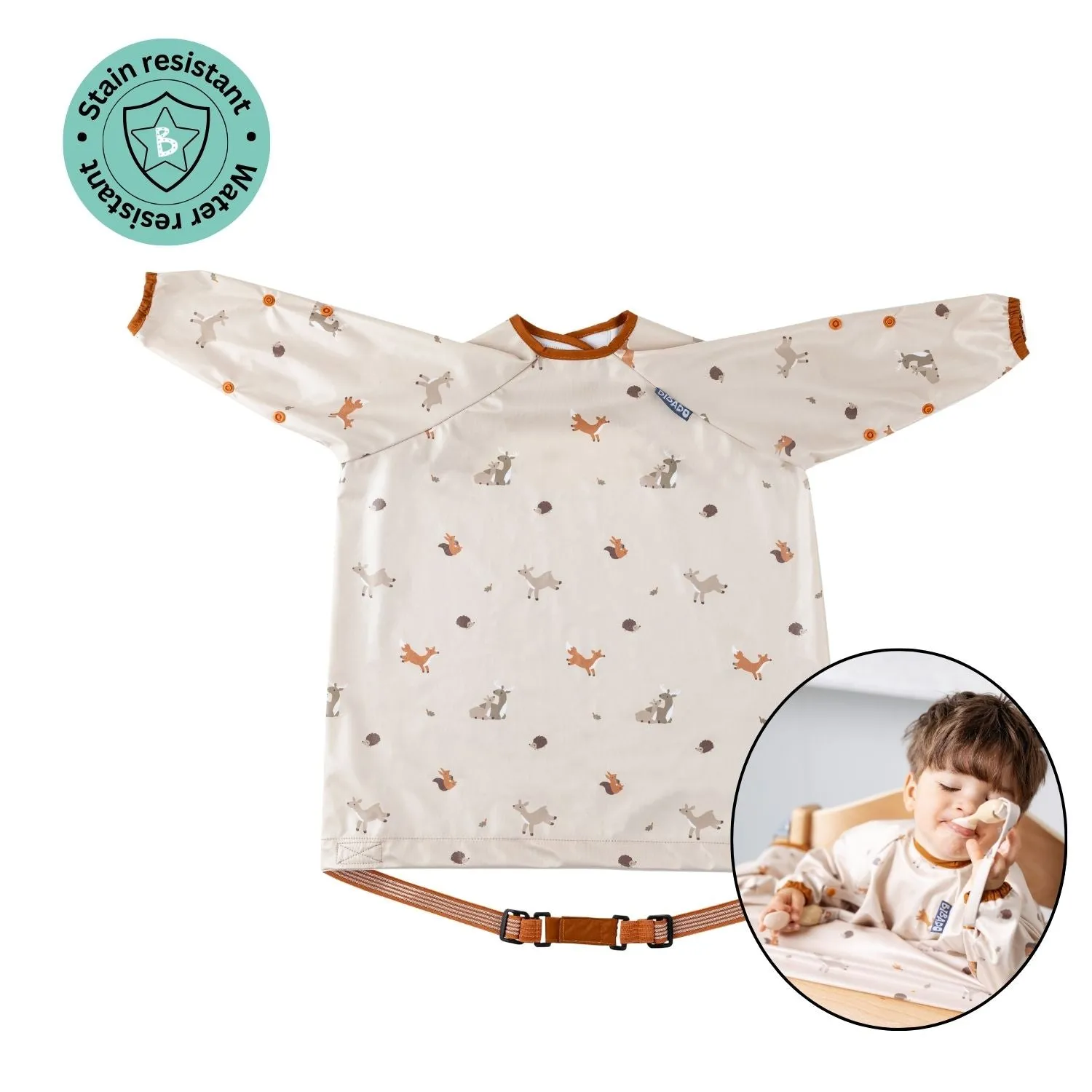 Long Sleeve Coverall Weaning Bib Forest Friends Beige