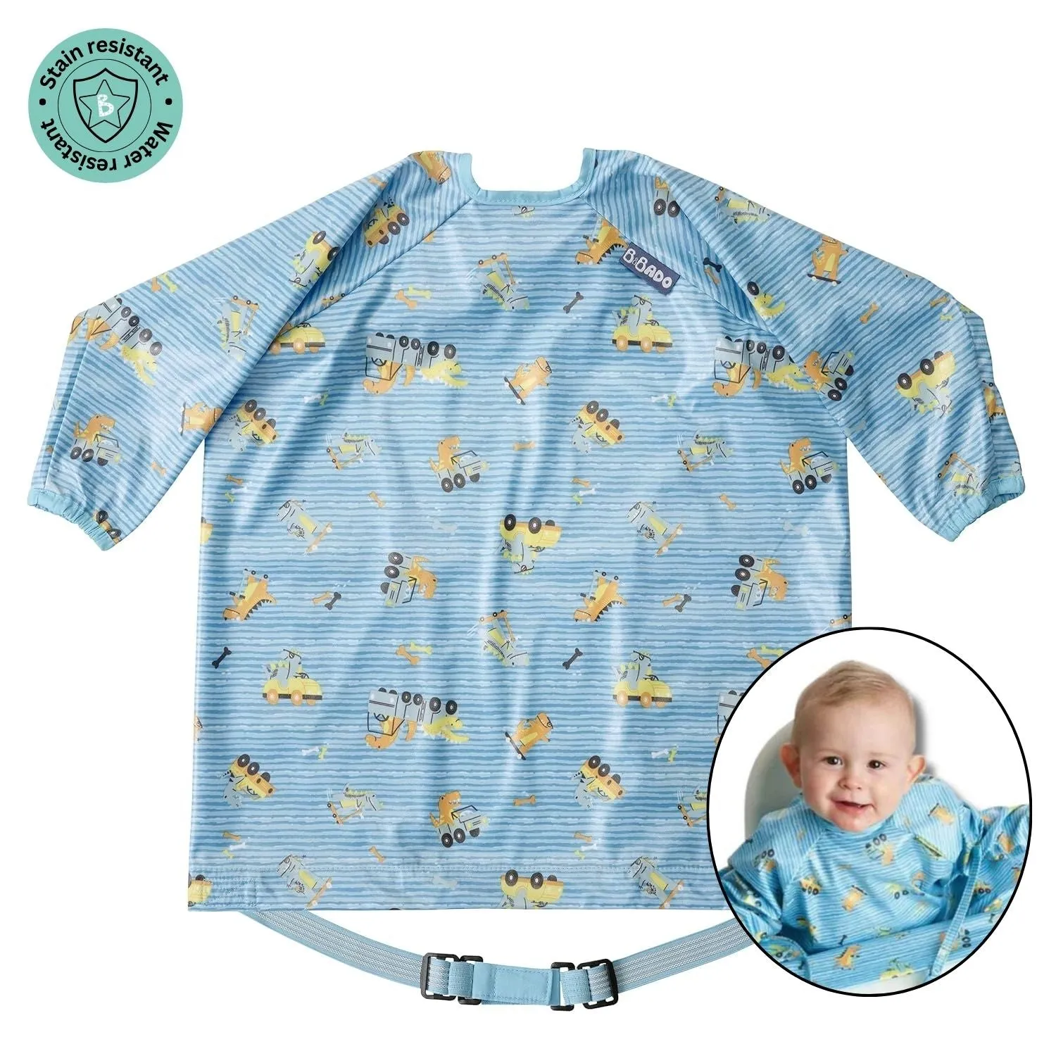 Long Sleeve Coverall Weaning Bib Speedy Dinos Turquoise