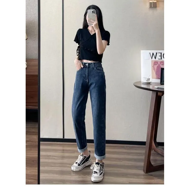 Loose Fit Petite Cropped Harem Slimming Elasticity Carrot High-Waisted Jeans